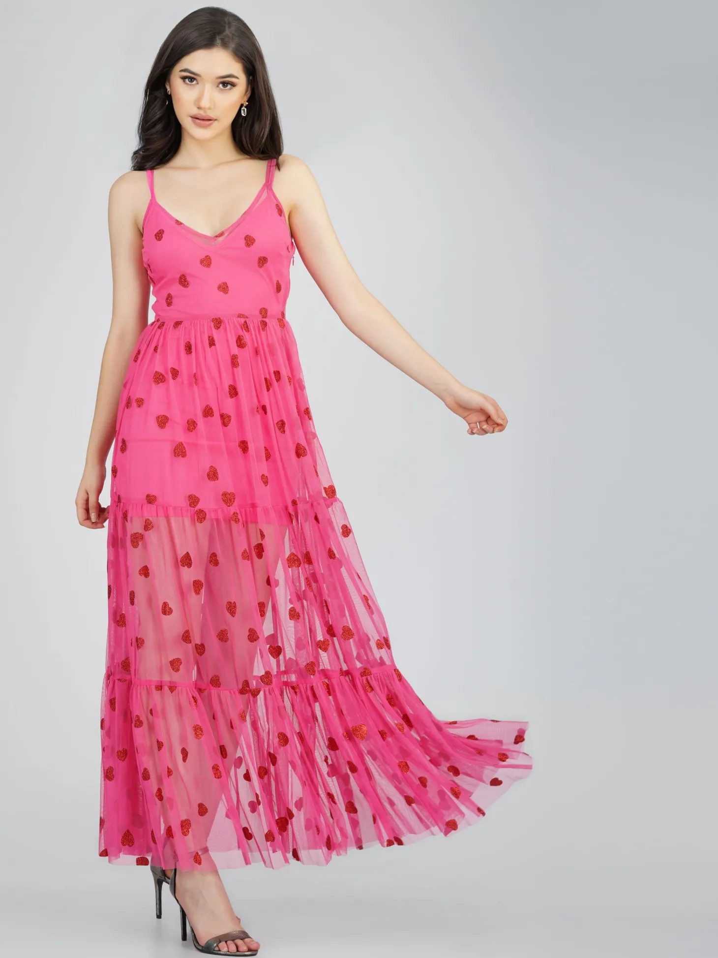 Poppy Sheer Heart Dress In Bright Pink