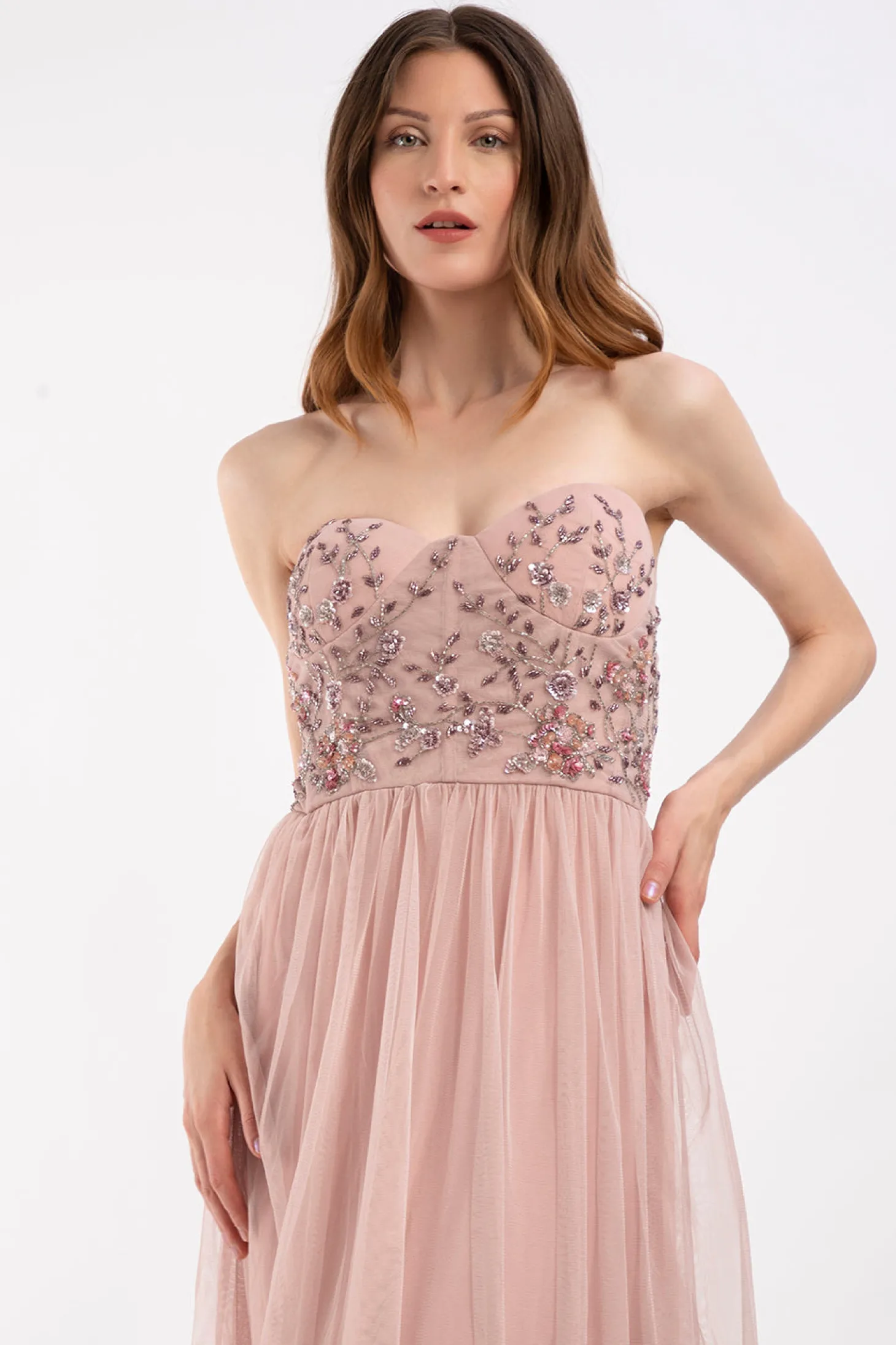 Riva Embellished Corset Maxi Dress In Pink