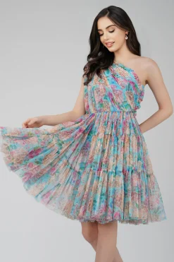 Roka Floral One Shoulder Mini Dress In Blue