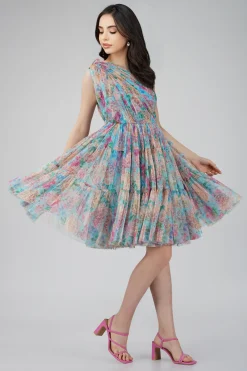 Roka Floral One Shoulder Mini Dress In Blue
