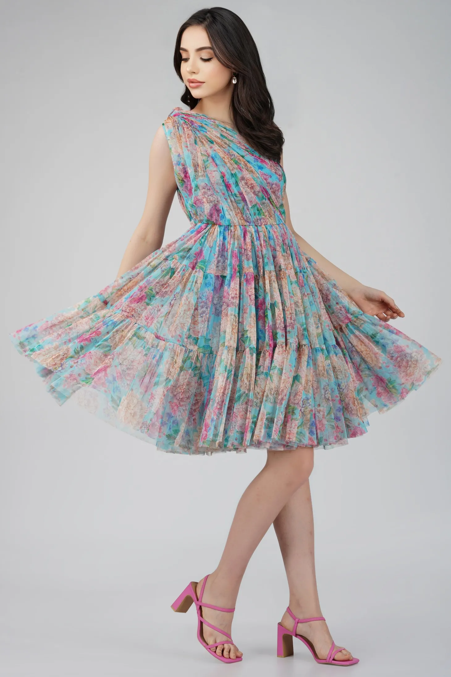 Roka Floral One Shoulder Mini Dress In Blue