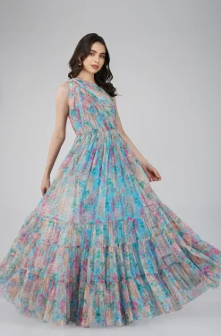 Roka Floral One Shoulder Maxi Dress In Blue