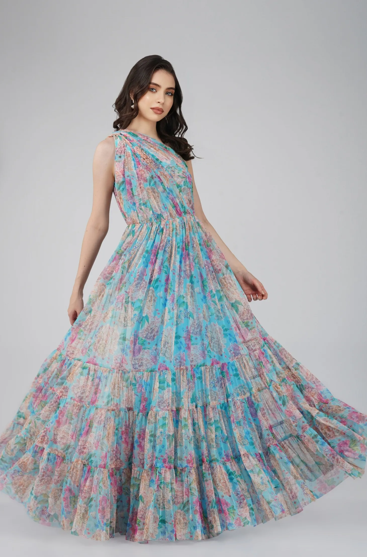Roka Floral One Shoulder Maxi Dress In Blue