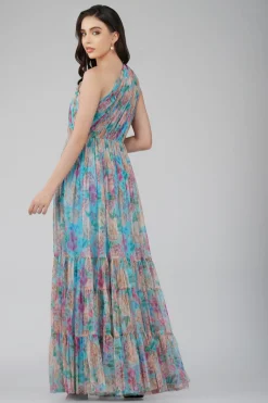 Roka Floral One Shoulder Maxi Dress In Blue