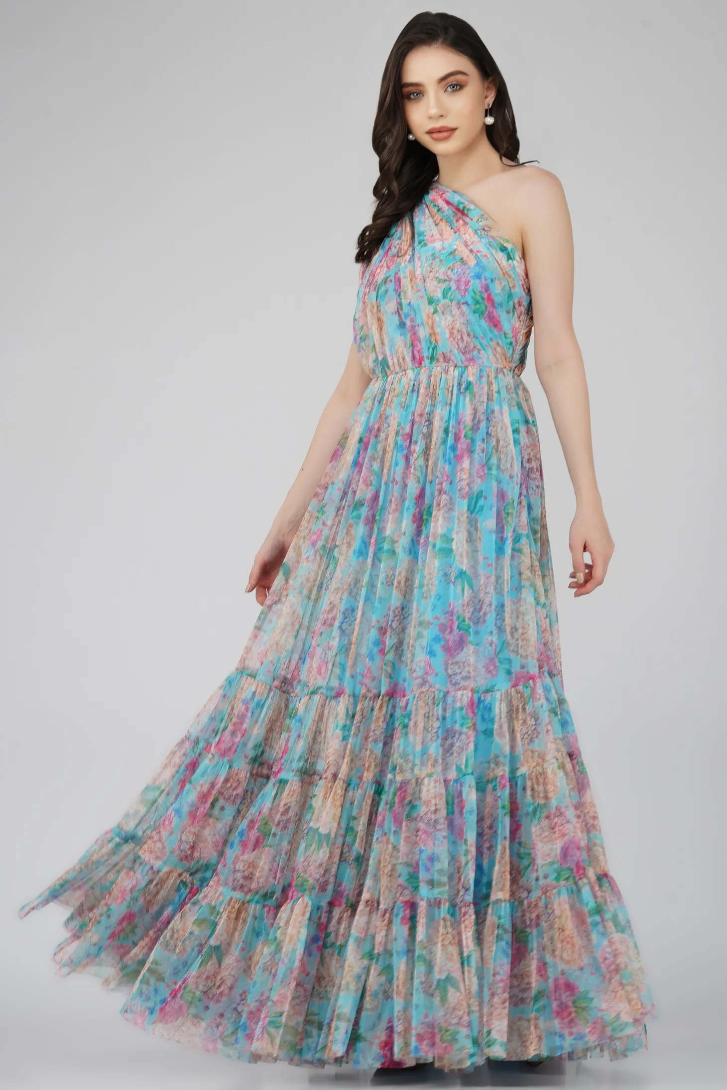 Roka Floral One Shoulder Maxi Dress In Blue