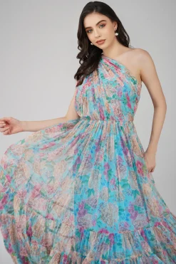 Roka Floral One Shoulder Maxi Dress In Blue
