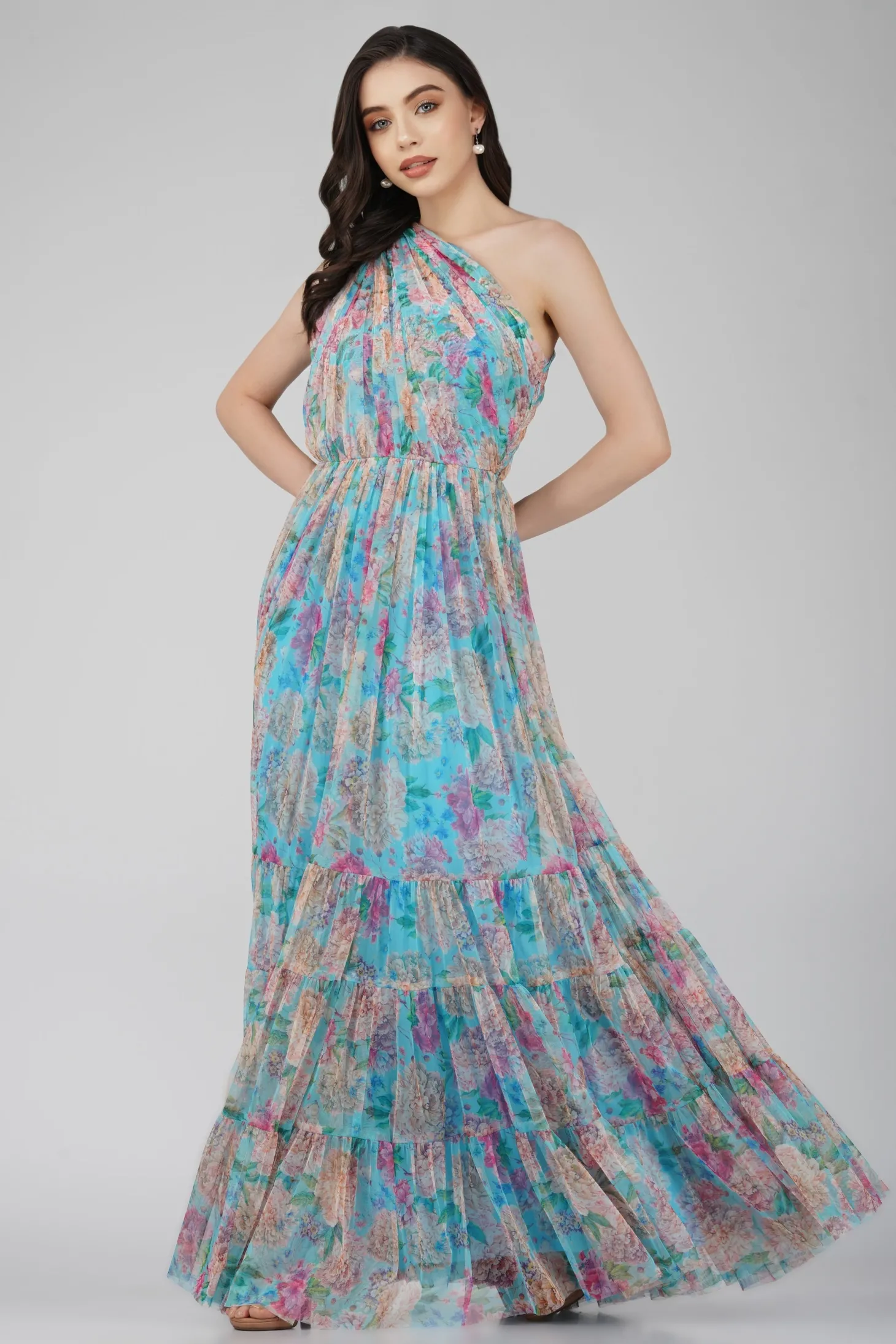 Roka Floral One Shoulder Maxi Dress In Blue