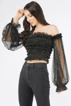 Rolf Black Tulle Top With Gold Polka
