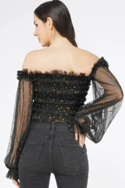 Rolf Black Tulle Top With Gold Polka
