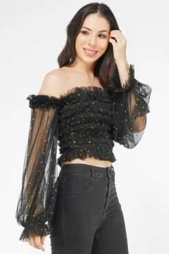 Rolf Black Tulle Top With Gold Polka