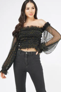 Rolf Black Tulle Top With Gold Polka