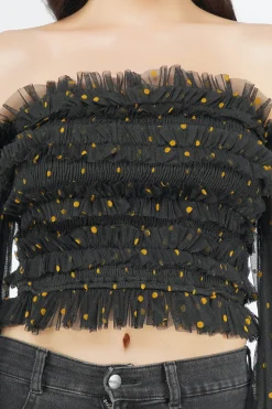 Rolf Black Tulle Top With Gold Polka