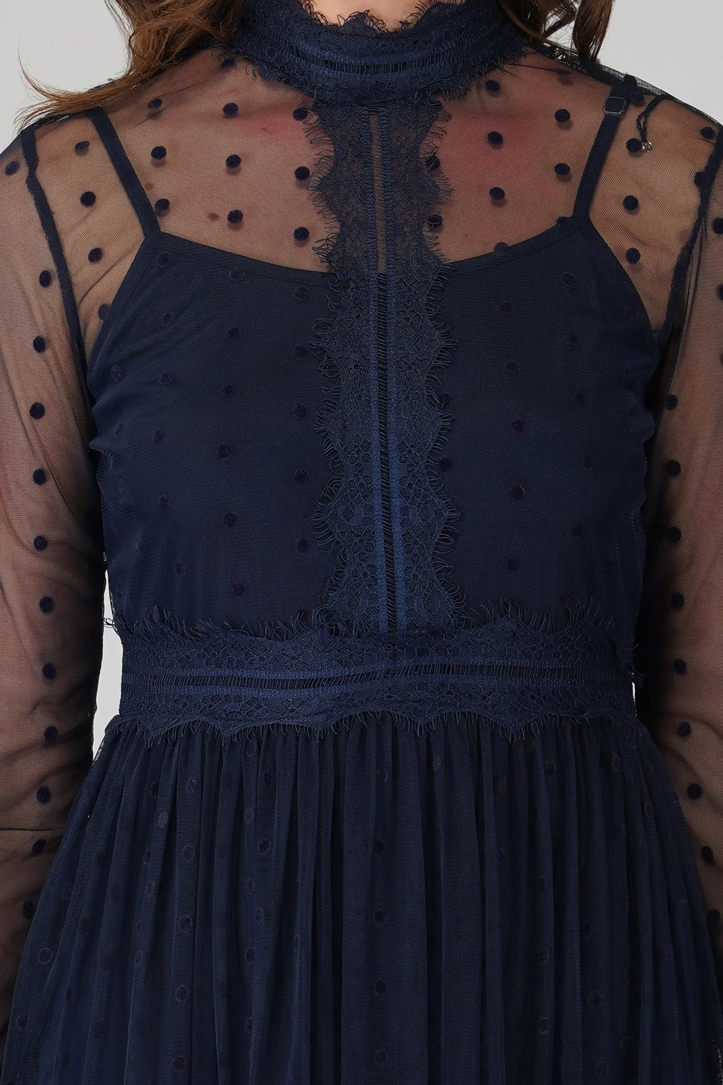 Roman Lola Polka Dot Midi Dress In Navy Blue