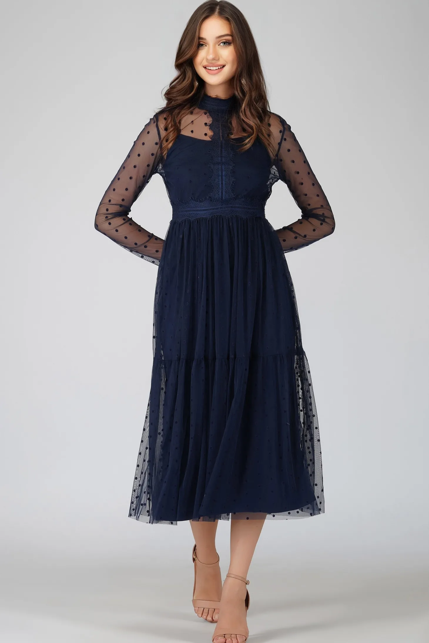 Roman Lola Polka Dot Midi Dress In Navy Blue