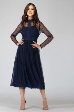 Roman Lola Polka Dot Midi Dress In Navy Blue
