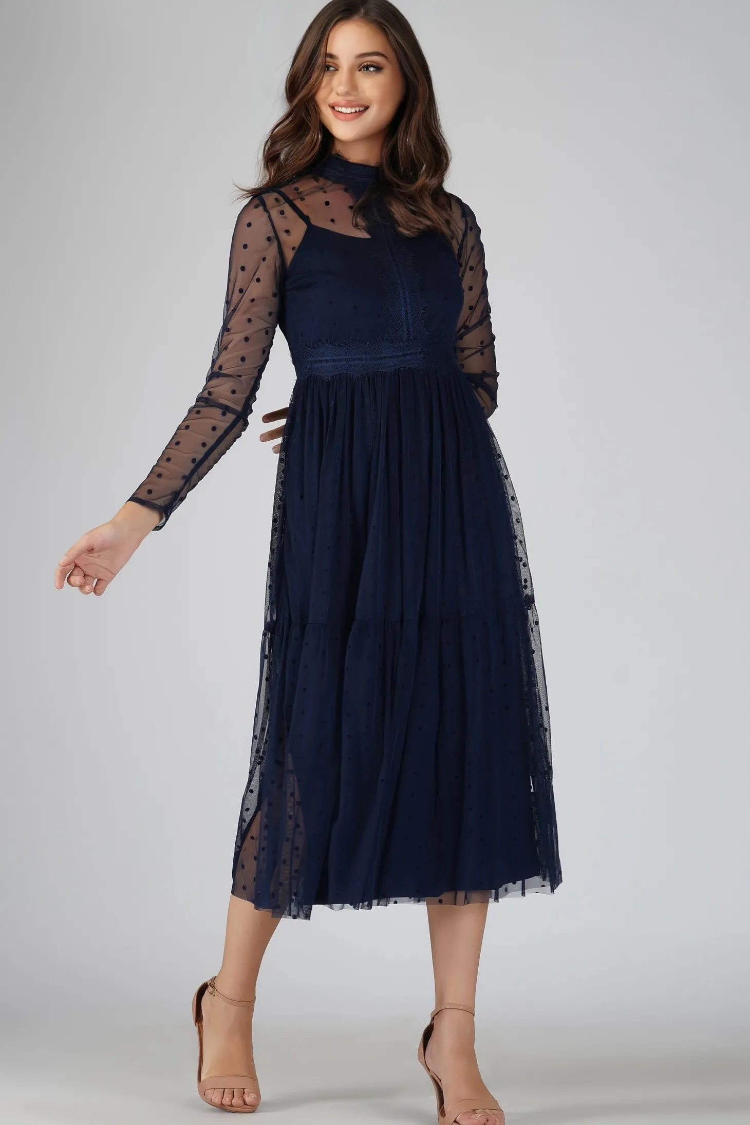 Roman Lola Polka Dot Midi Dress In Navy Blue