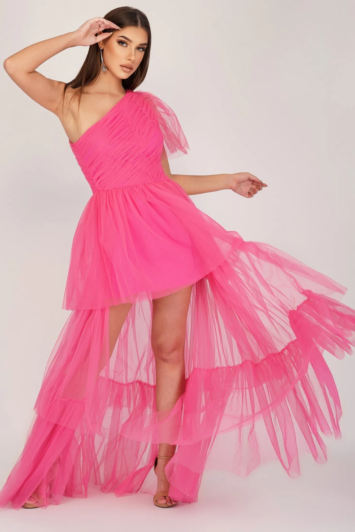 Rowena Bright Pink One Shoulder Tulle Gown
