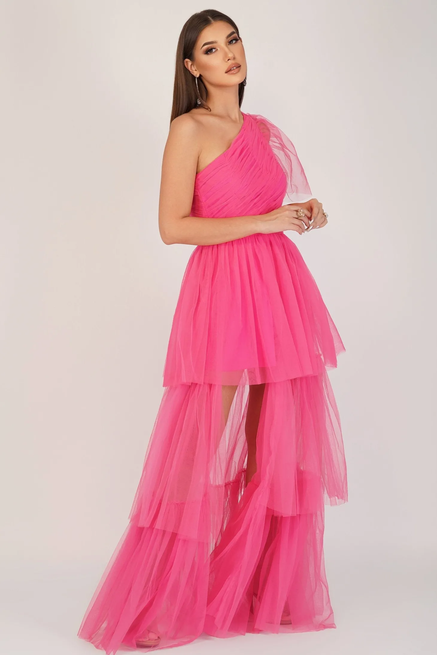 Rowena Bright Pink One Shoulder Tulle Gown