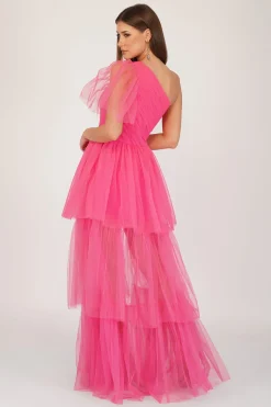 Rowena Bright Pink One Shoulder Tulle Gown