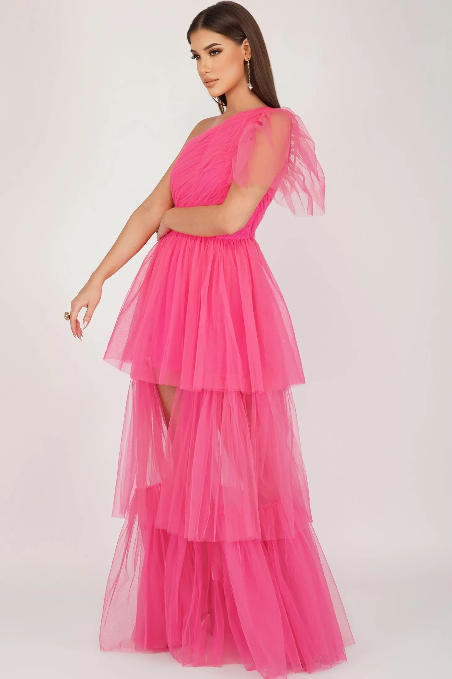 Rowena Bright Pink One Shoulder Tulle Gown