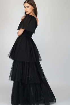 Rowena One Shoulder Tulle Gown In Black