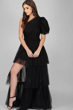 Rowena One Shoulder Tulle Gown In Black