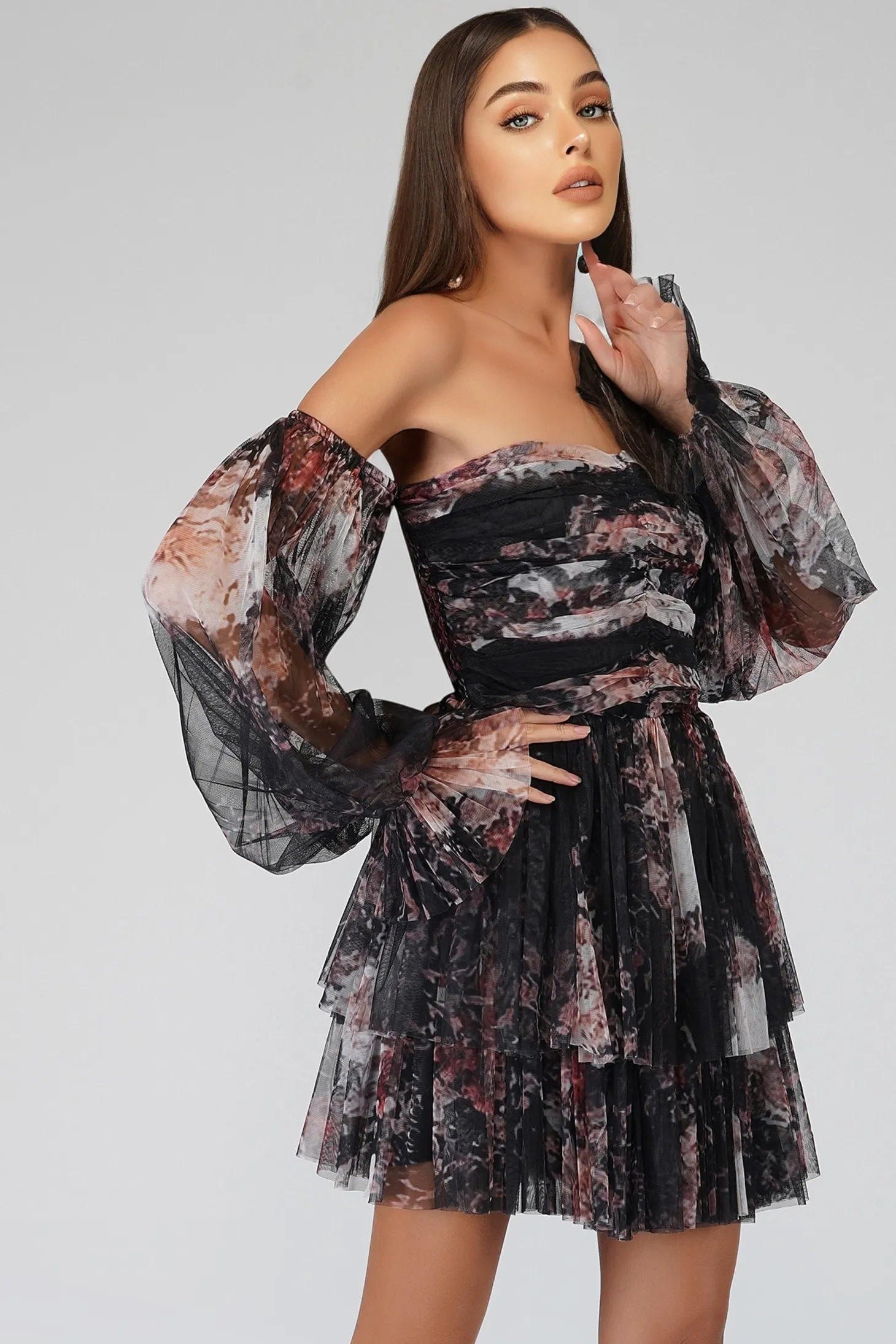 Roxanne Dark Print Tulle Mini Dress