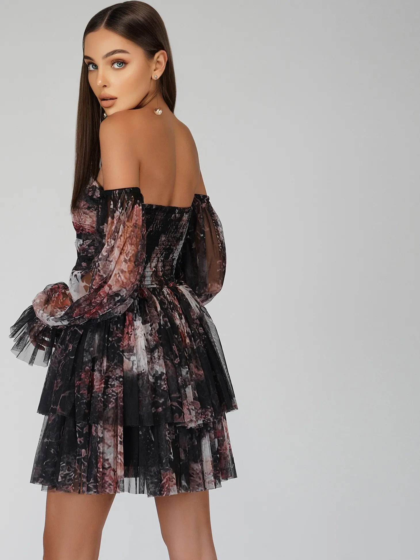 Roxanne Dark Print Tulle Mini Dress