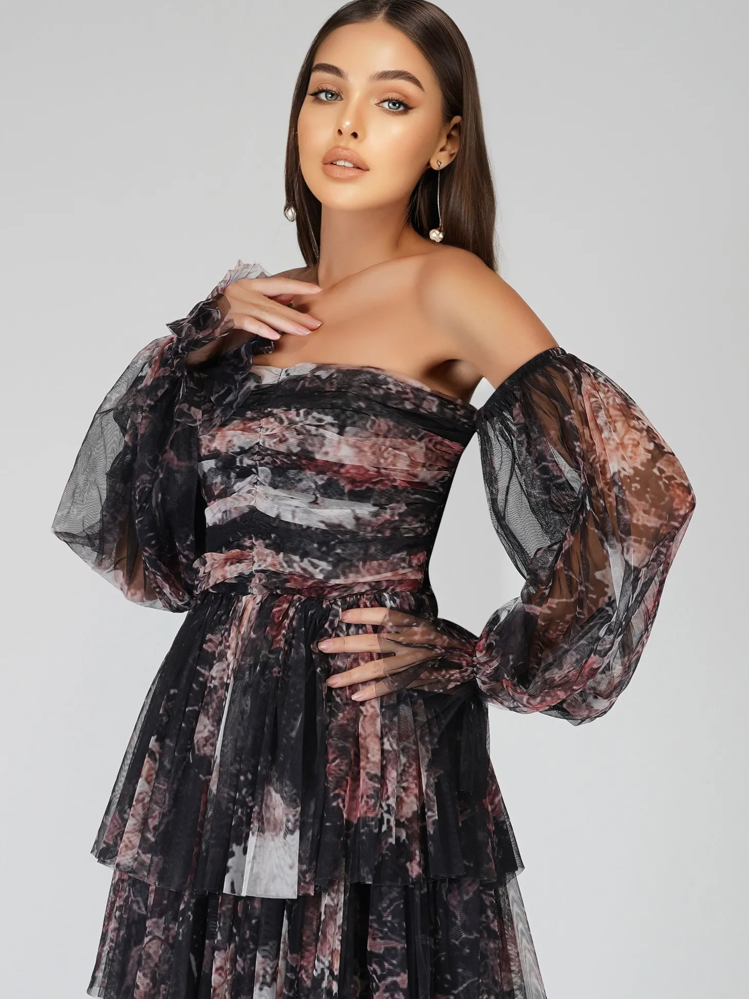 Roxanne Dark Print Tulle Mini Dress