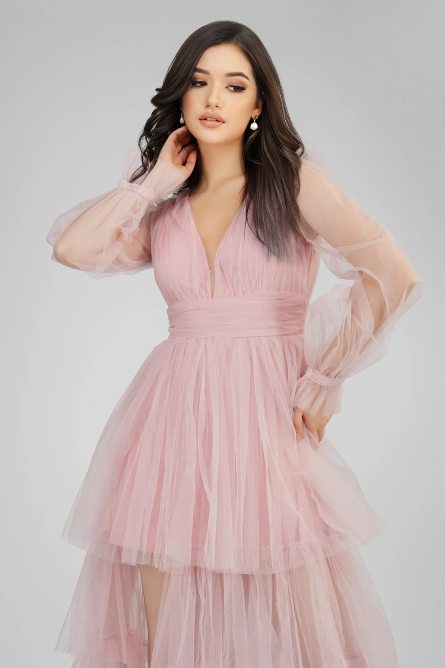 Salma Long Sleeve Tulle Maxi Dress In Pink