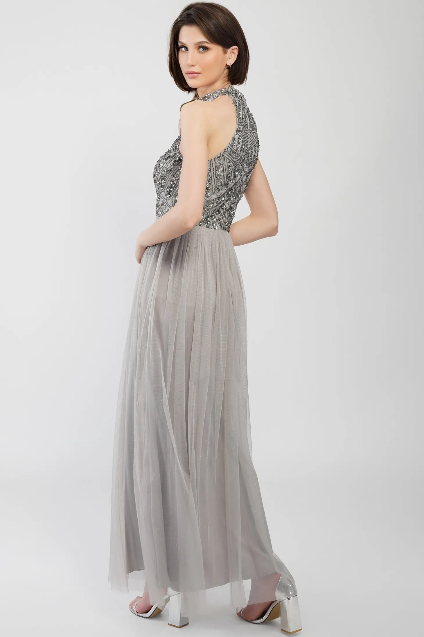 Sareen Grey Embellished Maxi Dress