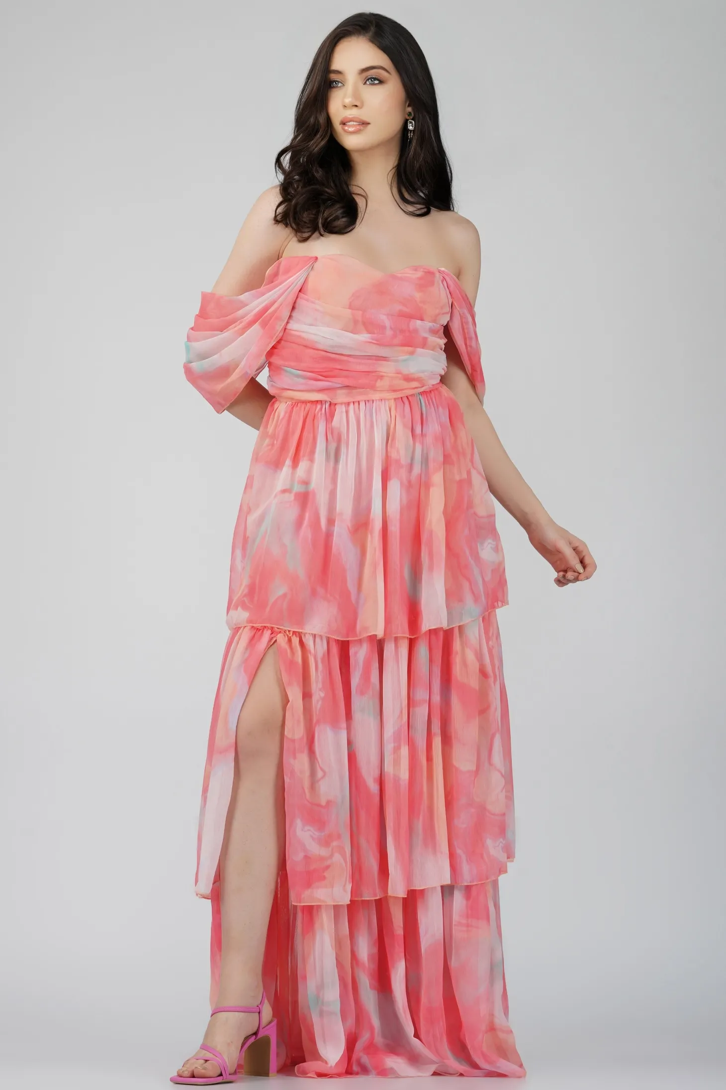 Sydney Chiffon Maxi Dress In Coral Print