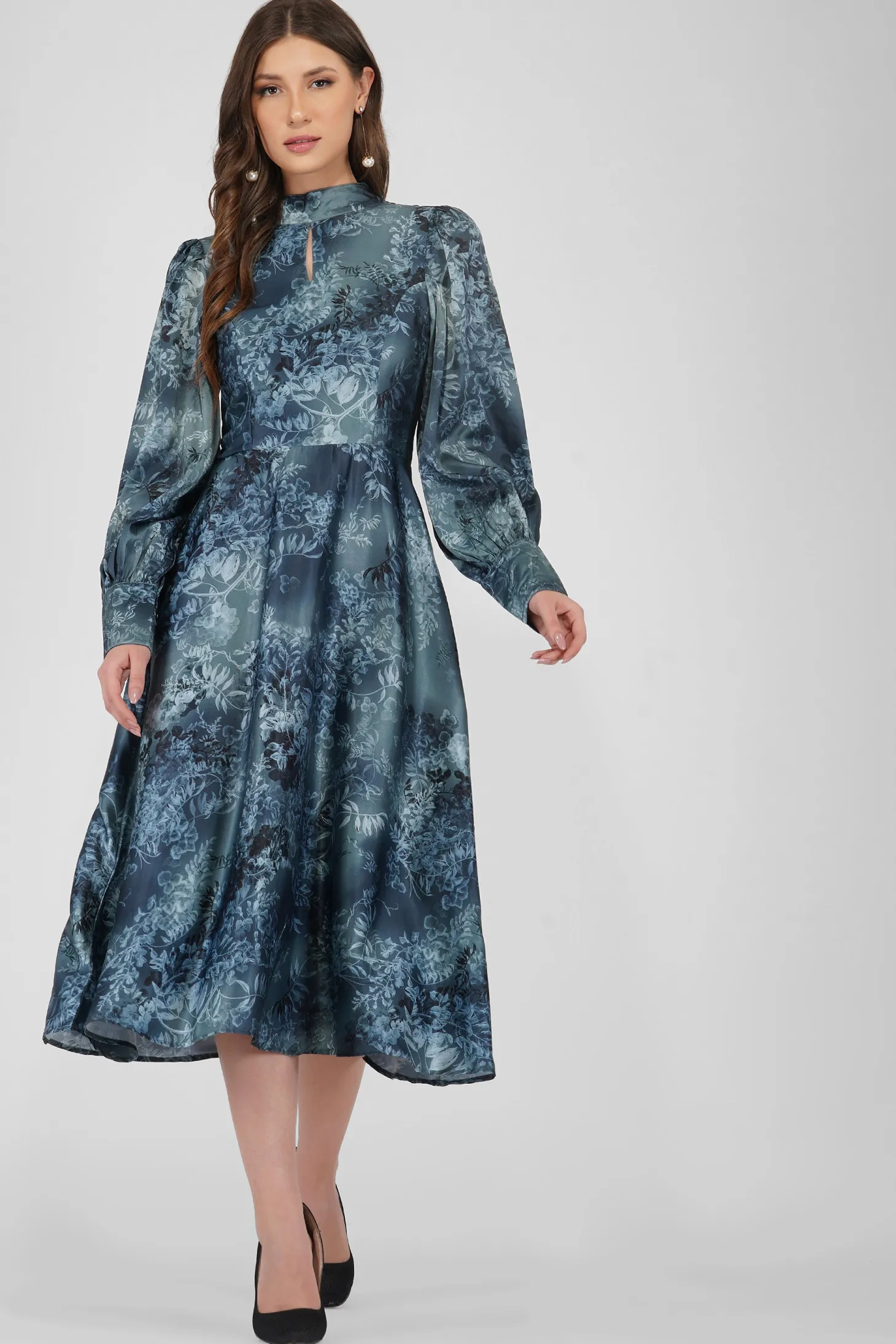 Taylor Long Sleeve Satin Midi Dress In Blue