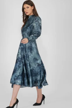 Taylor Long Sleeve Satin Midi Dress In Blue