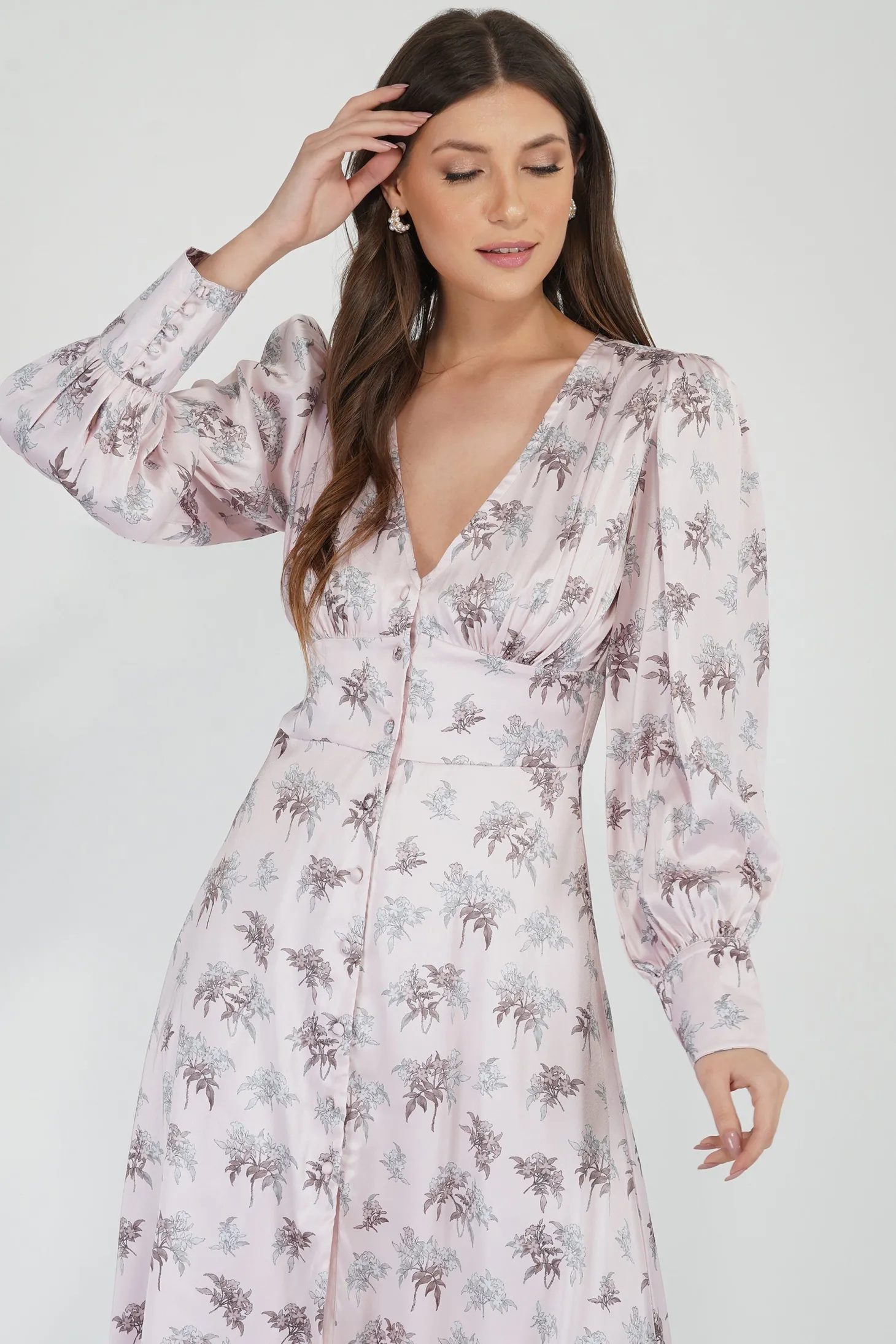 Tessa Long Sleeve Satin Midi Dress In Pink