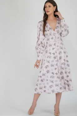Tessa Long Sleeve Satin Midi Dress In Pink