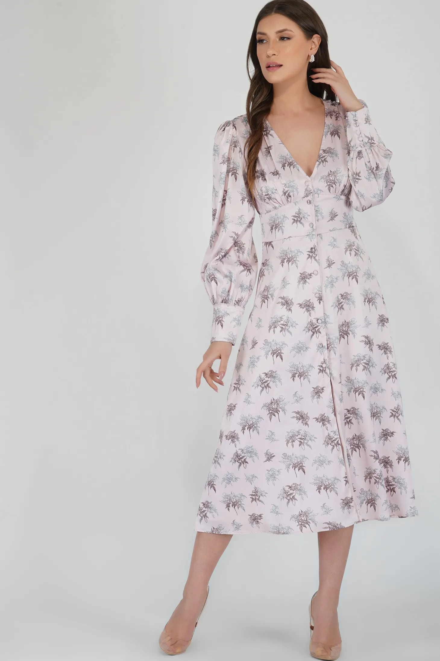 Tessa Long Sleeve Satin Midi Dress In Pink