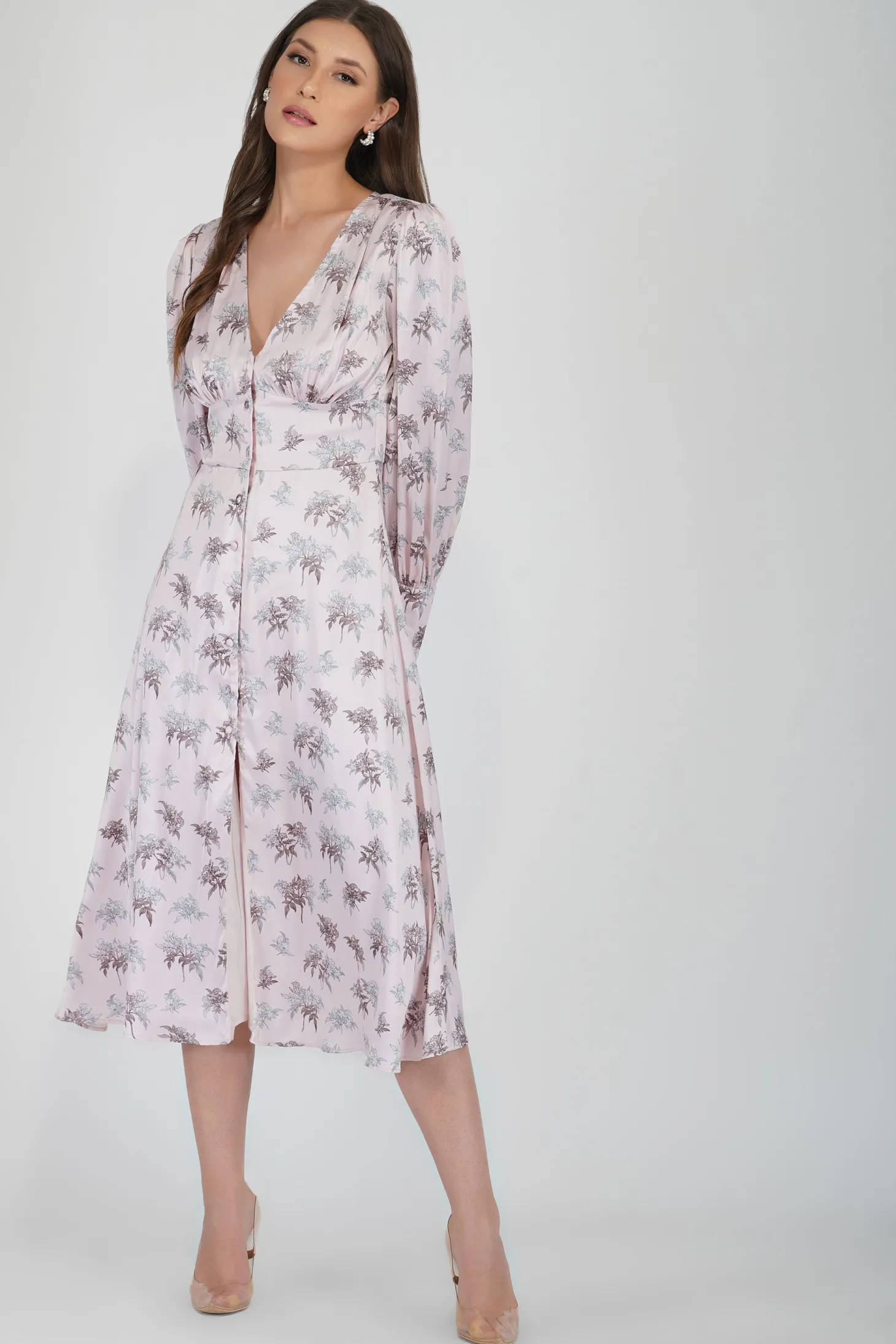 Tessa Long Sleeve Satin Midi Dress In Pink