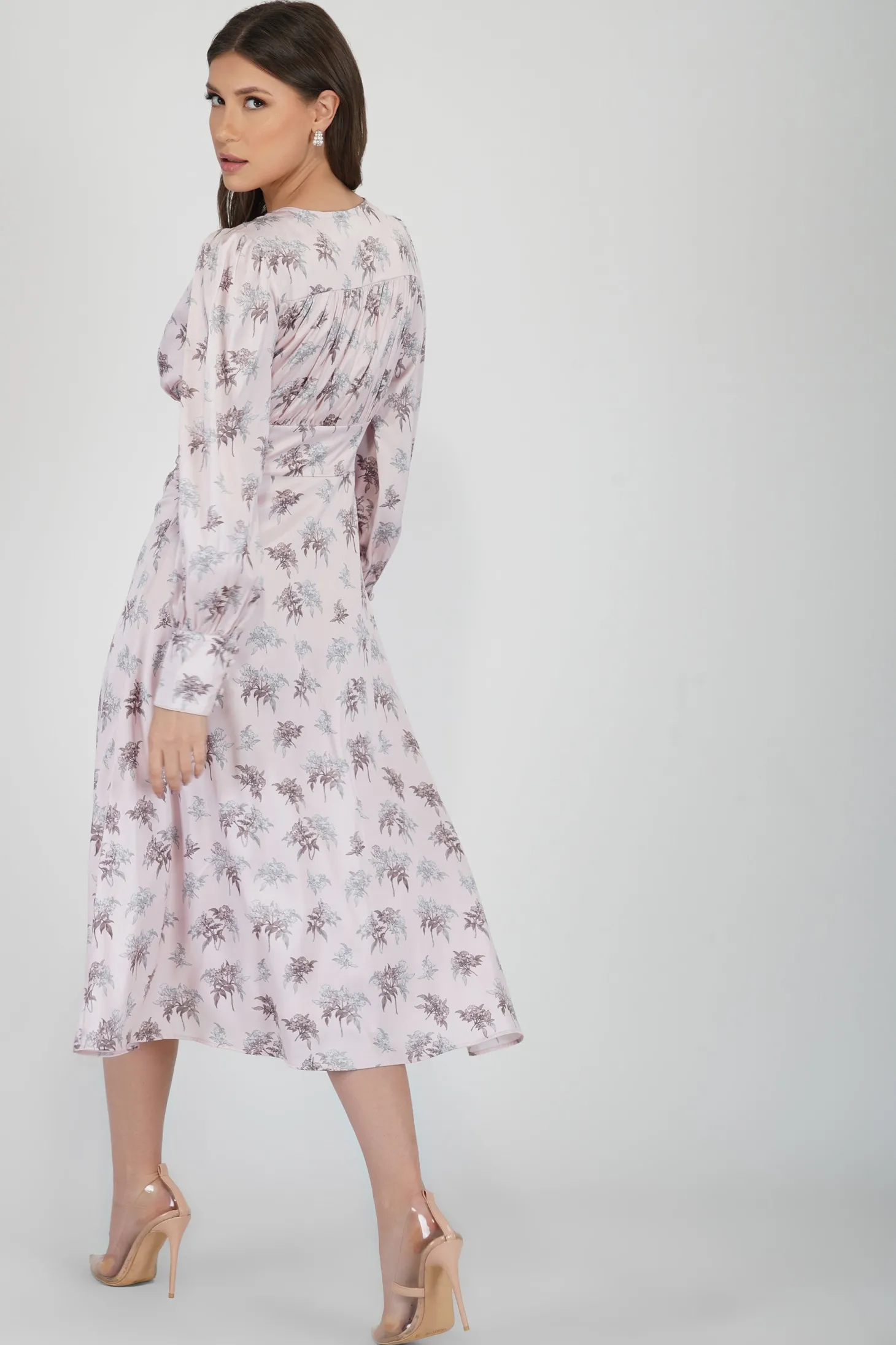 Tessa Long Sleeve Satin Midi Dress In Pink
