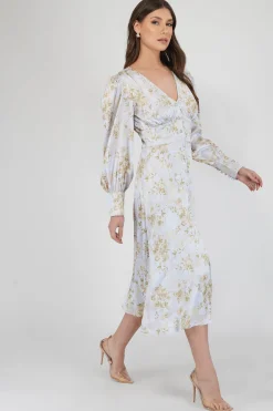 Tessa Long Sleeve Satin Midi Dress In Champagne