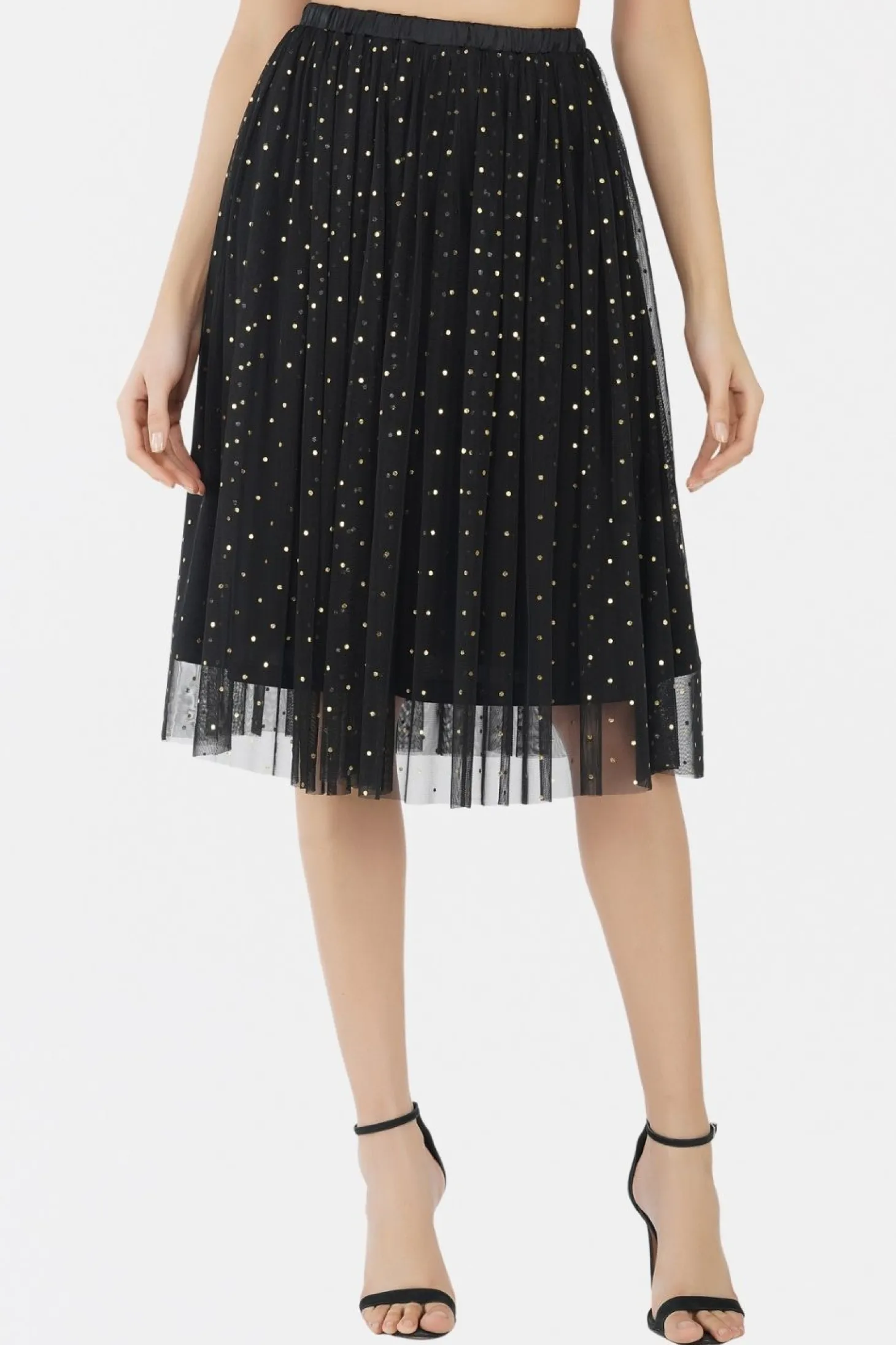 Val Black And Gold Tulle Midi Skirt