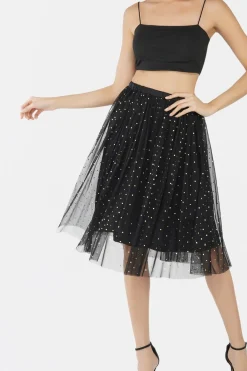Val Black And Gold Tulle Midi Skirt