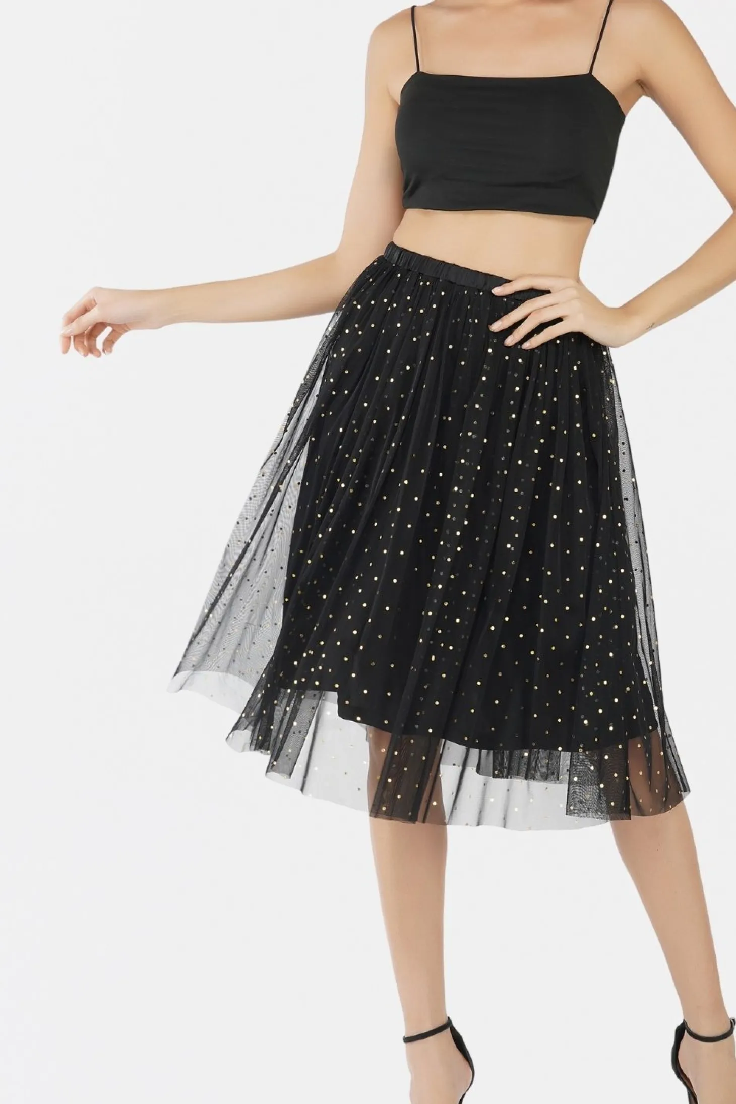 Val Black And Gold Tulle Midi Skirt